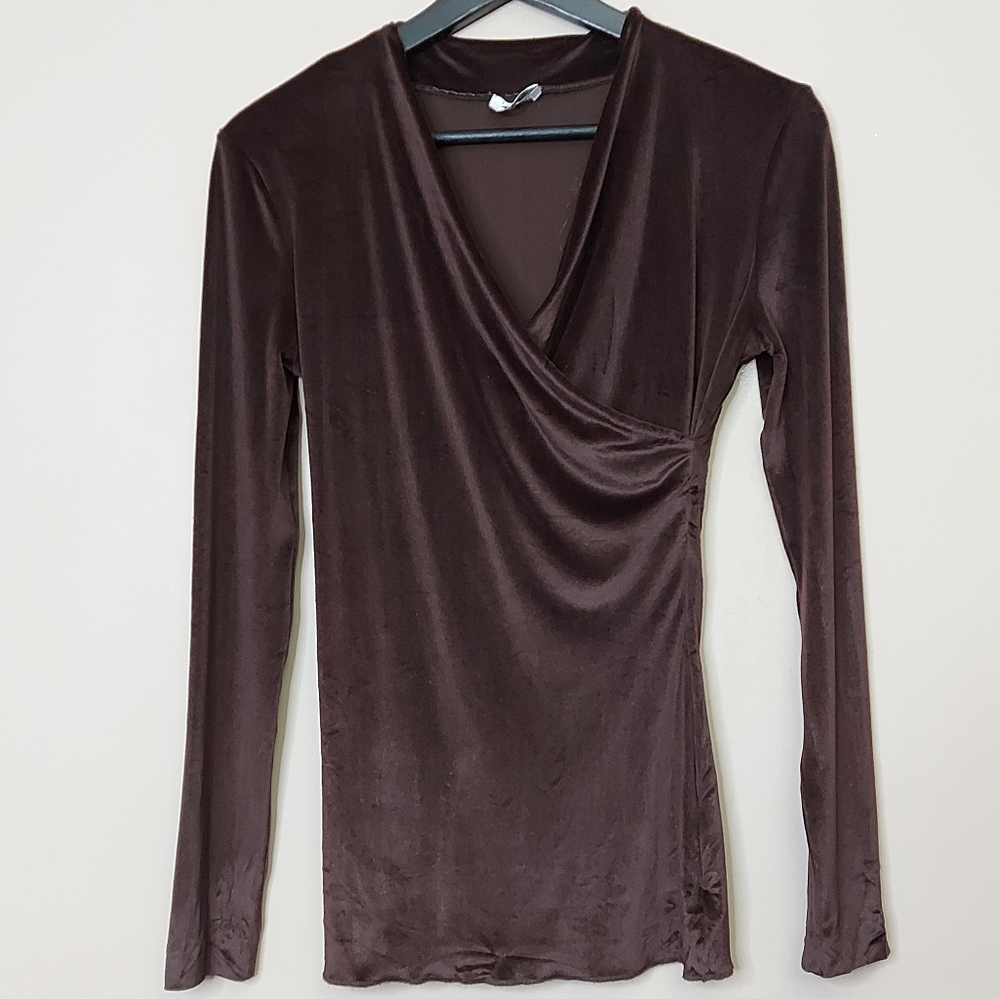 MaxMara stretch velvet faux wrapped side ruched long sleeve top